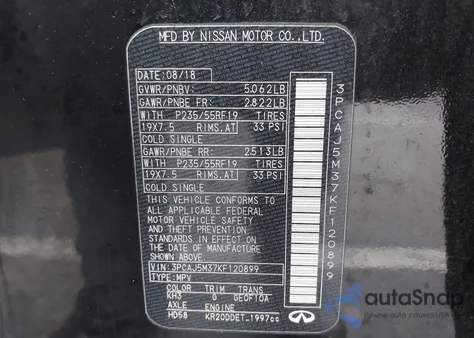 2019 Infiniti Qx50 Essential z USA, uszkodzony, nr VIN 3PCAJ5M37KF120899